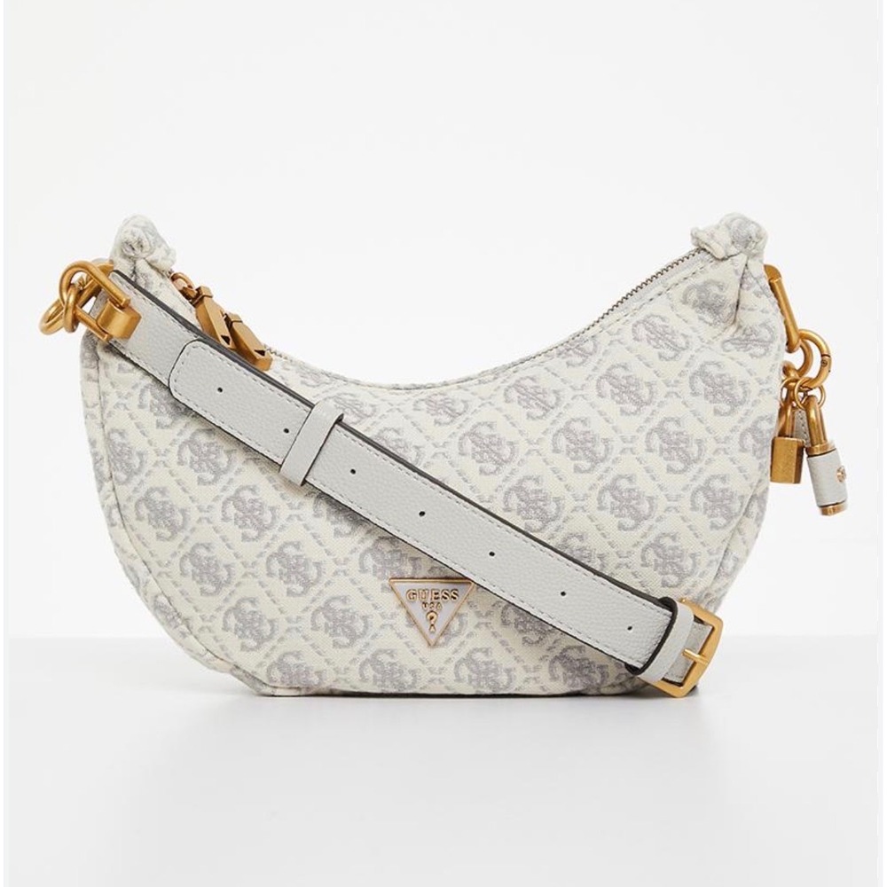 Guess Shemara Mini Hobo Bag 4G Logo Gray Gold hardware crescent Y2K purse charms